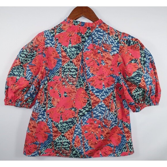 Ulla Johnson Flamingo Tillie Top Cotton Poplin Puff Sleeves Split Neck Multi 2 - Picture 8 of 11